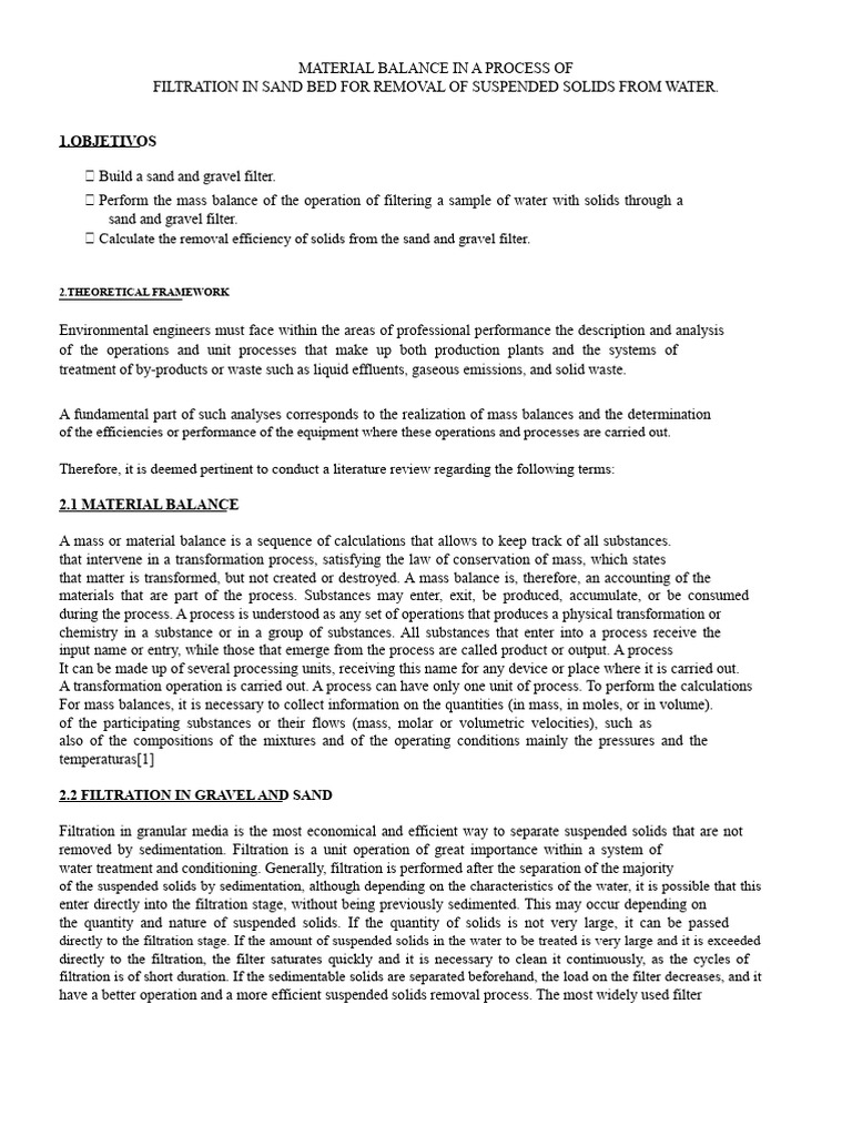 Sand Bed Filtration Mass Balance Analysis | PDF | Filtration | Water