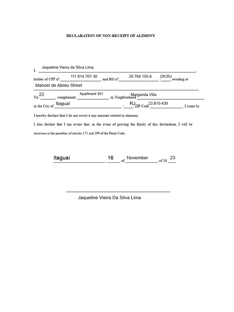 DECLARATION OF NON-RECEIPT OF ALIMONY | PDF