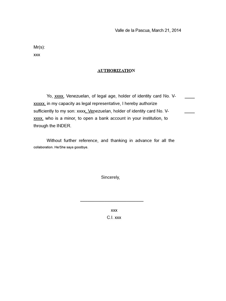 Authorization for Minor's Bank Account | PDF