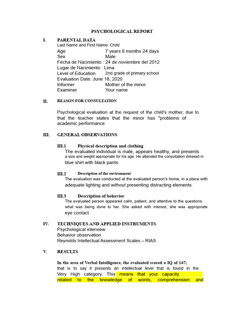 Psychological Evaluation of 7-Year-Old Boy | PDF | Intelligence ...
