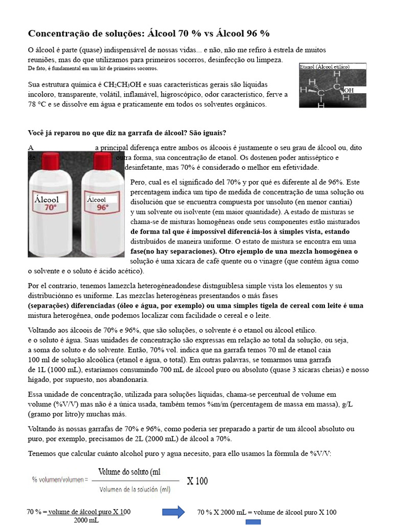 Diferenças entre Álcool 70% e 96% | PDF | Concentração | Etanol