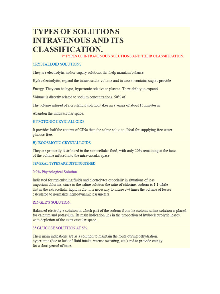 Types of Intravenous Solutions and Their Classification | PDF | Saline ...
