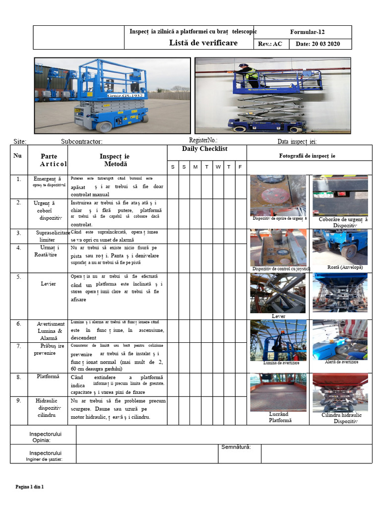 Formular-162-Checklist Pentru Inspecția Zilnică A Elevatoarelor Cu ...