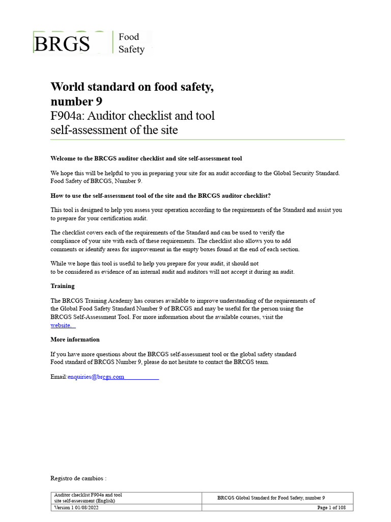 BRCGS Food Safety Auditor Checklist F904a | PDF | Audit | Food Safety