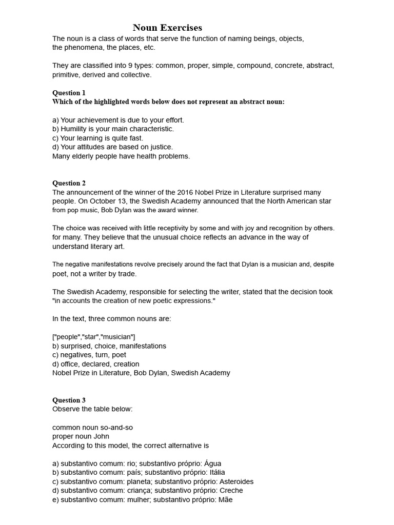 Noun Types and Exercises Guide | PDF | Noun | Grammatical Gender