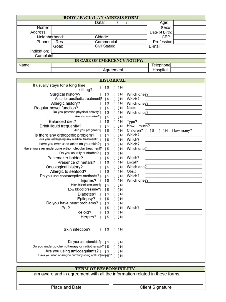Facial Body Anamnesis Model Form | PDF | Medical Specialties | Clinical ...