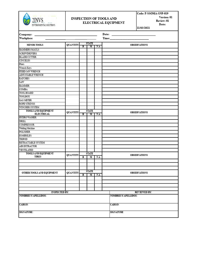 F-Ssoma-Snp019 Inspection Record of Electric Tools and Machines | PDF