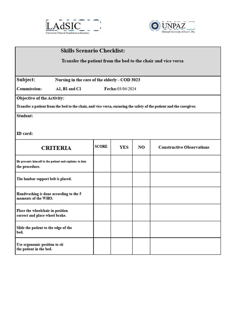 Patient Transfer Skills Checklist | PDF