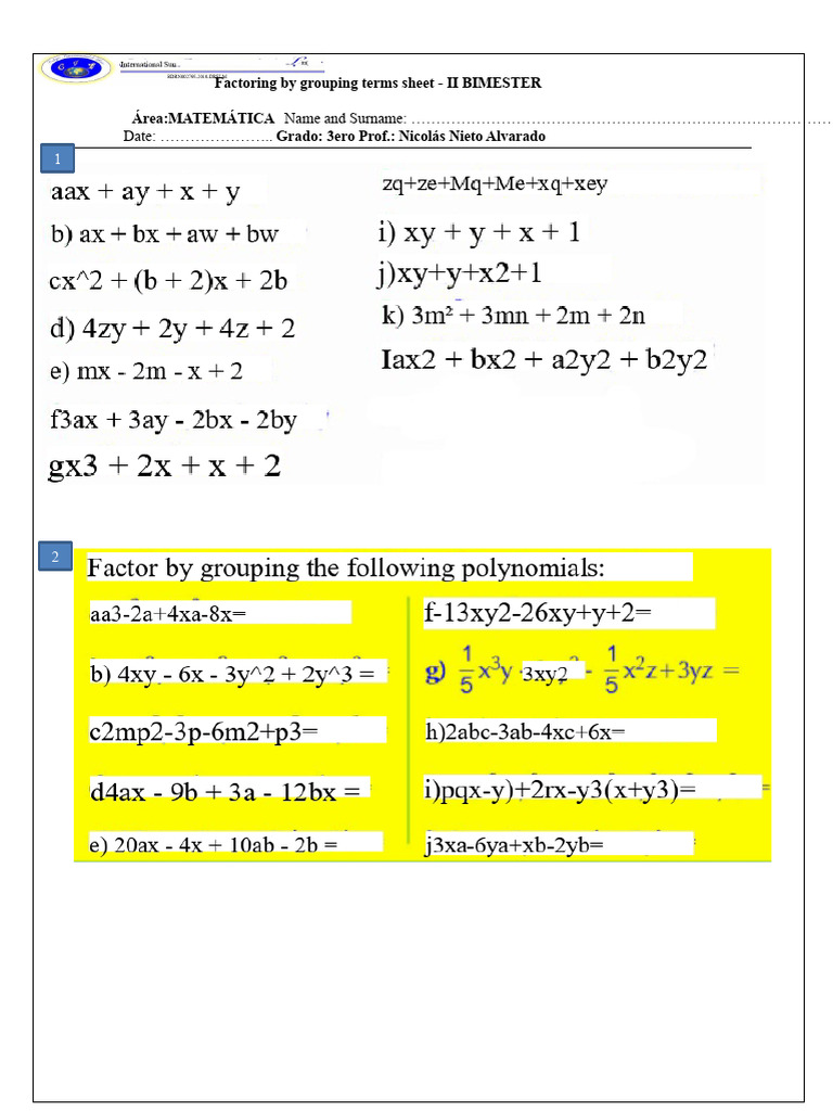 Factoring by Grouping Terms Worksheet 3rd Year High School | PDF