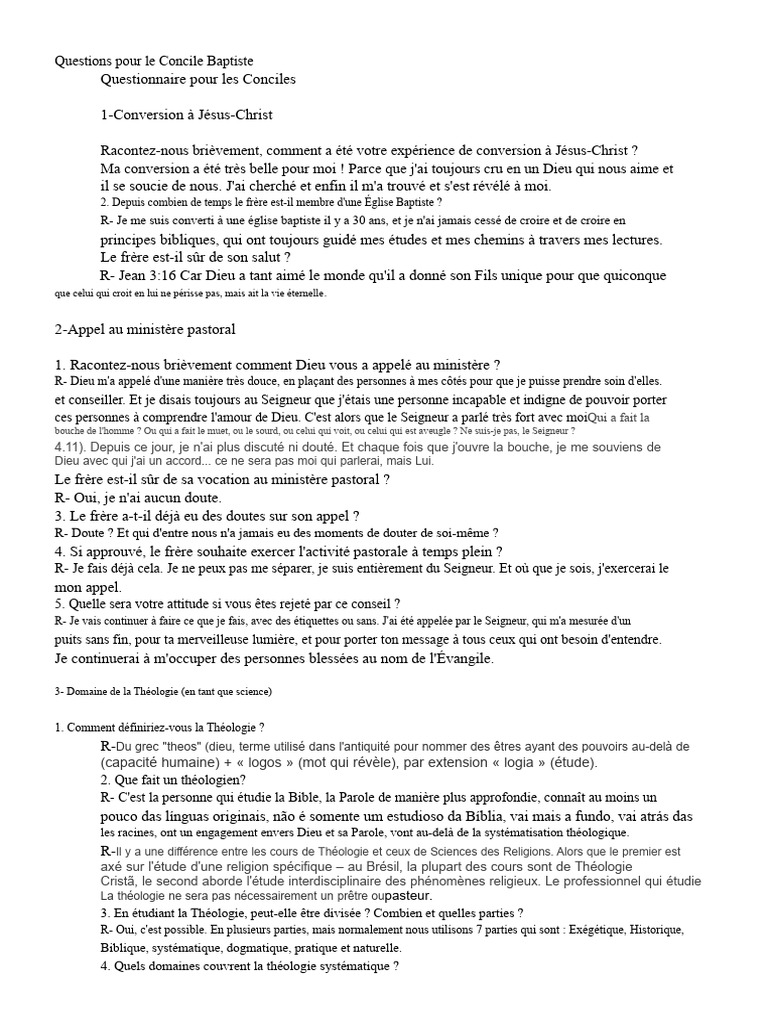 Questionnaire sur la Foi Baptiste et la Théologie | PDF | Dieu | Église ...