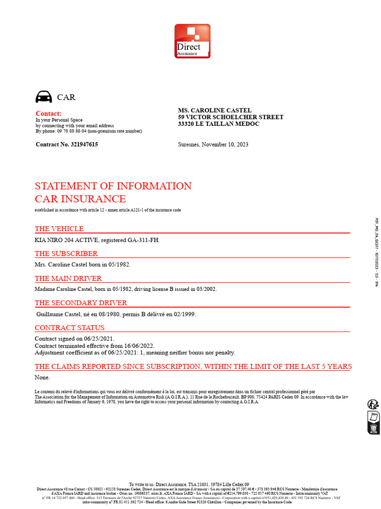 Car Insurance Statement for Caroline Castel | PDF | Business Law ...