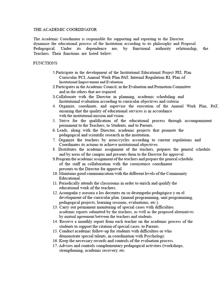 Role and Responsibilities of Academic Coordinator | PDF | Teachers