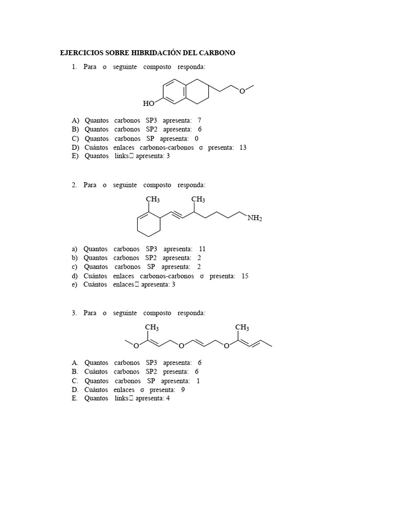 Exercícios de Hibridação do Carbono | PDF