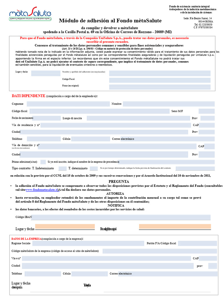 Adhesión al Fondo mètaSalute para Trabajadores | PDF | Seguro | Reaseguro
