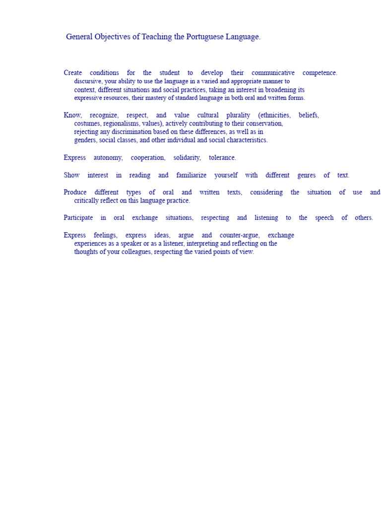 Teaching Objectives for Portuguese Language | PDF | Semantics ...