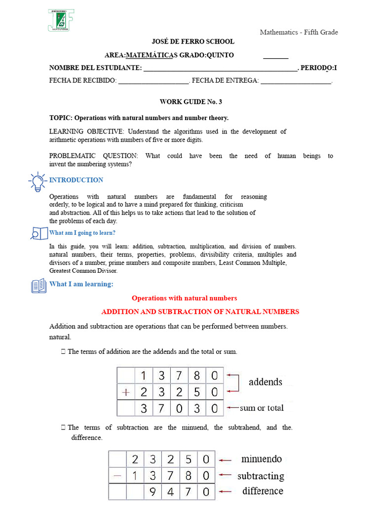 5th GRADE MATHEMATICS GUIDES #3 Operations With Natural Numbers | PDF ...