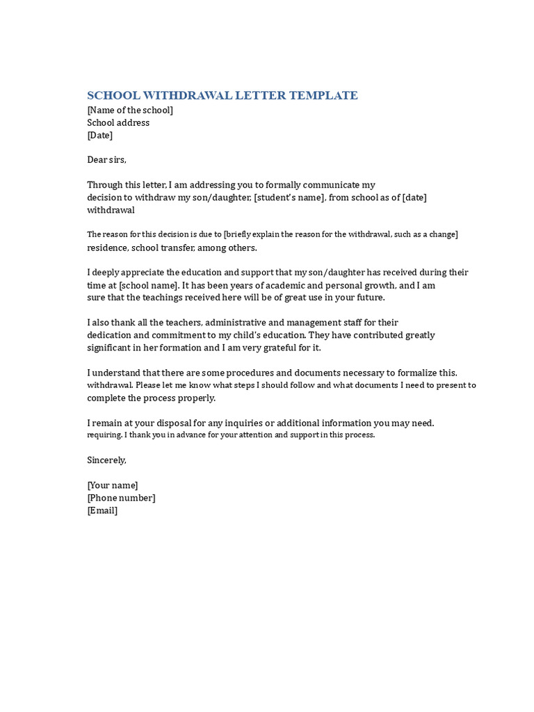 School Withdrawal Letter Template | PDF