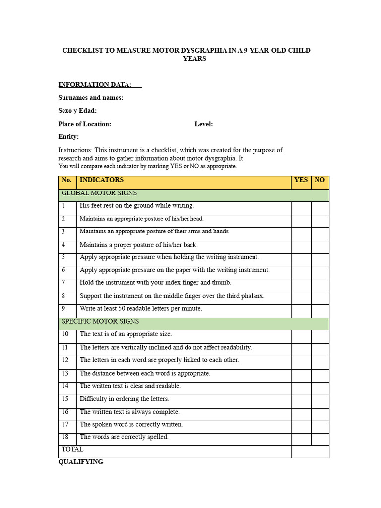 Checklist To Measure Motor Dysgraphia in A 9-Year-Old Child | PDF