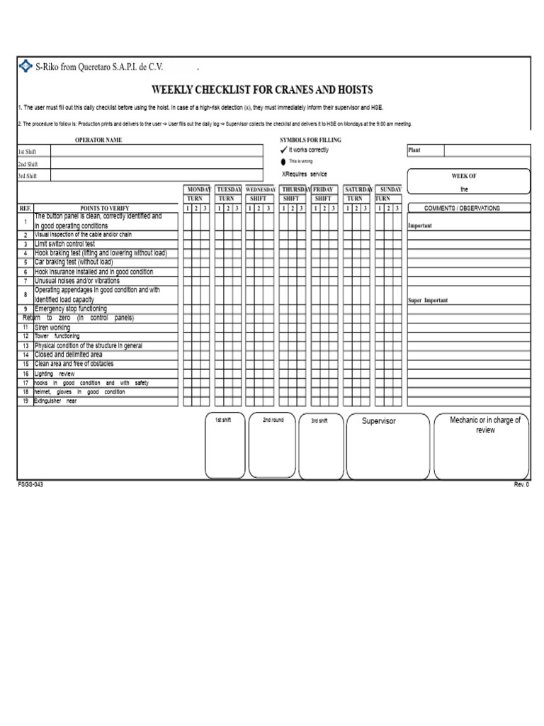 Weekly Crane and Hoist Checklist | PDF | Crane (Machine)