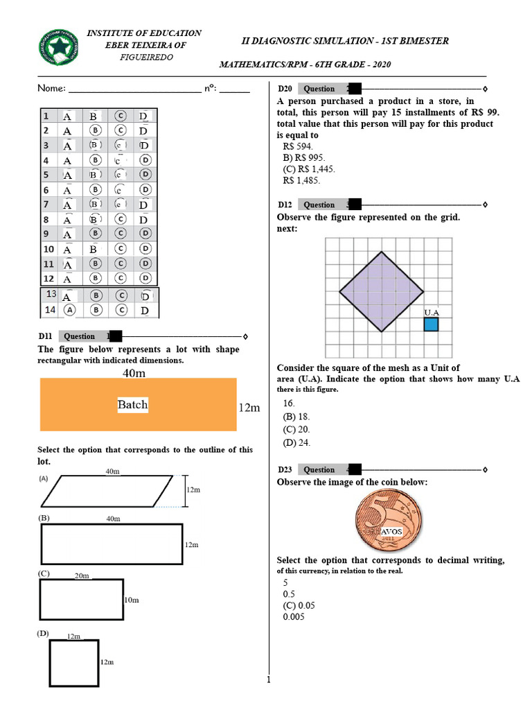 6th Grade Math Diagnostic Simulation | PDF | Euclidean Geometry | Geometry