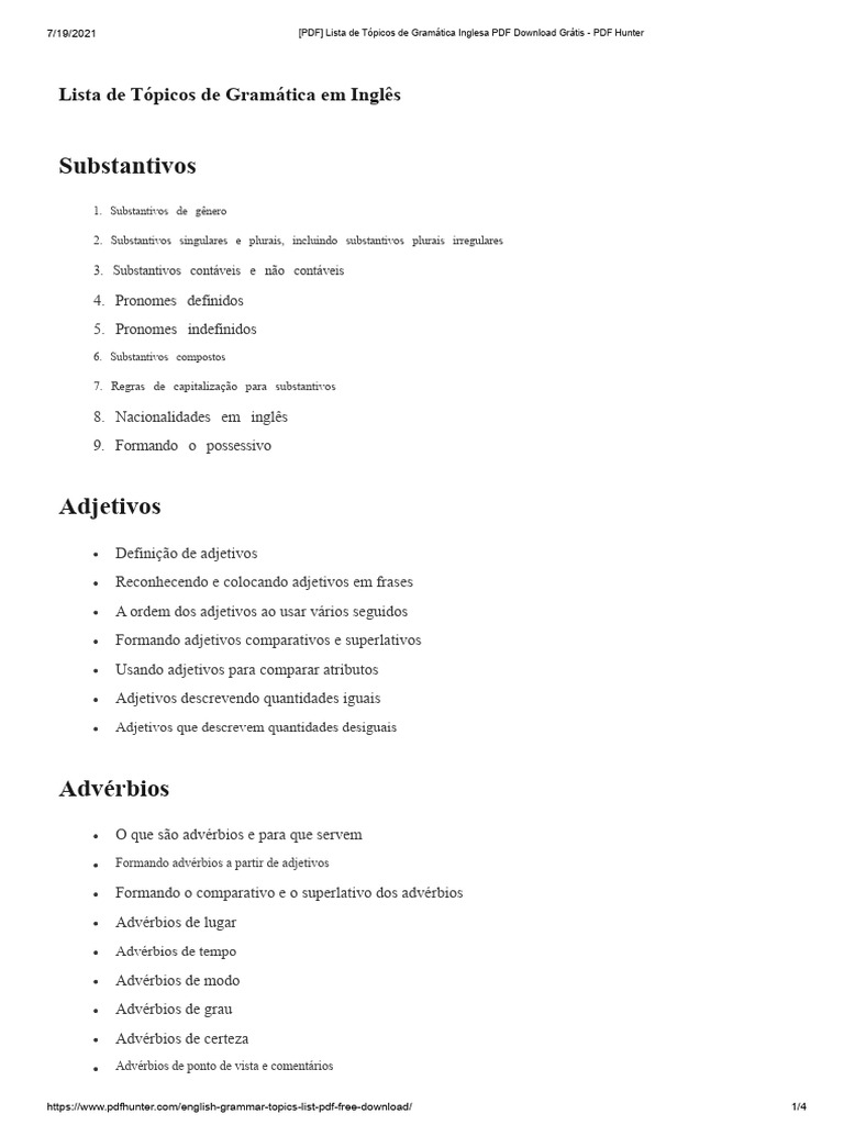 Tópicos de Gramática Inglesa PDF Grátis | PDF | Adjetivo | Pronome