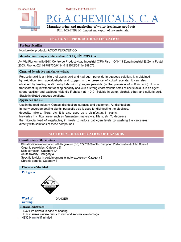 Peracetic Acid Safety Data Sheet | PDF | Hydrogen Peroxide | Water