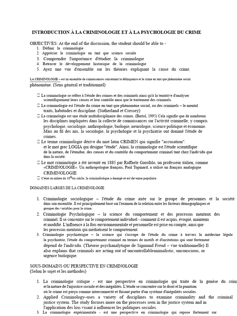 Introduction à la criminologie et psychologie du crime | PDF | Crime et ...