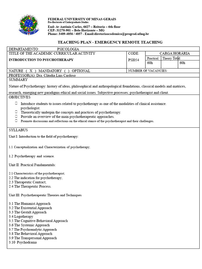Teaching Plan for Introduction to Psychotherapy | PDF | Psychotherapy ...