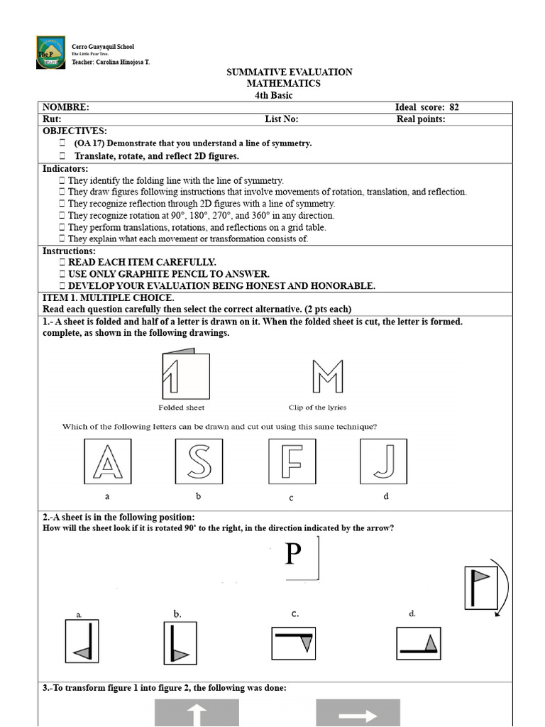 Summative Evaluation Isometric Transformations Mathematics 4TH Grade ...