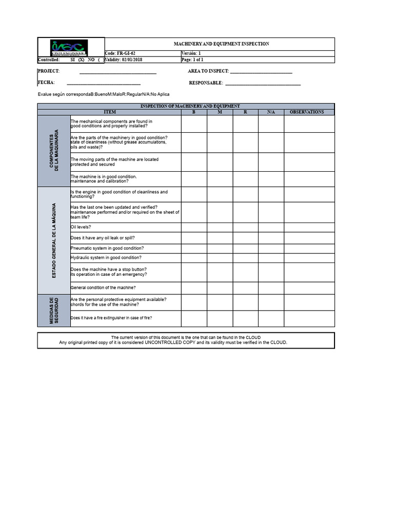 Machine and Equipment Inspection Format.xlsx | PDF