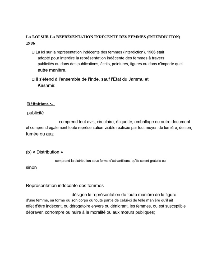 Loi Sur La Représentation Indécente Des Femmes (Interdiction) . | PDF ...