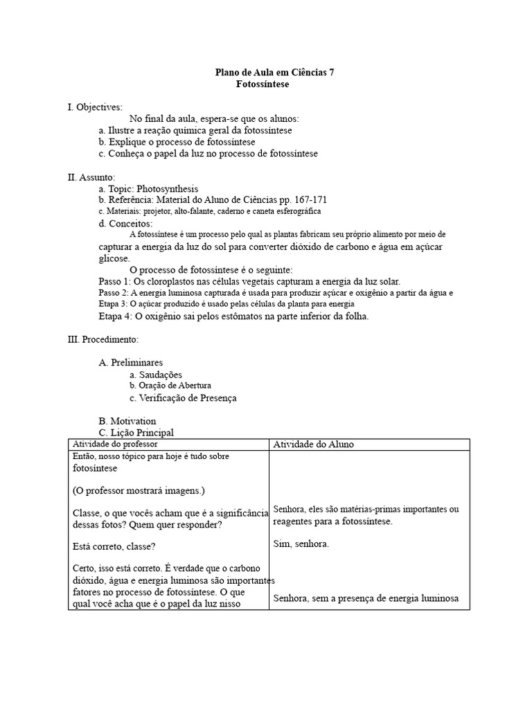 Plano de Aula em Ciências 7 - Fotossíntese | PDF | Fotossíntese | Biologia