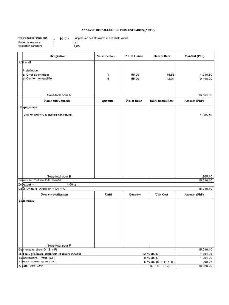 Analyse des Coûts Unitaires en Construction | PDF | Taxe sur la valeur ...
