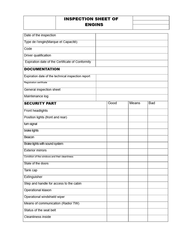Engine Inspection Checklist Template | PDF