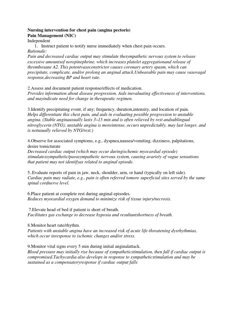Nursing Intervention for Chest Pain Cardiology Cardiovascular