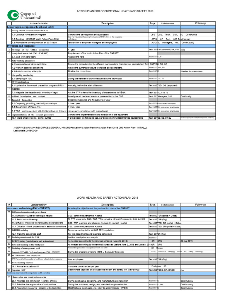 Action Plan OSH 2018 - Initial | PDF | Occupational Safety And Health ...
