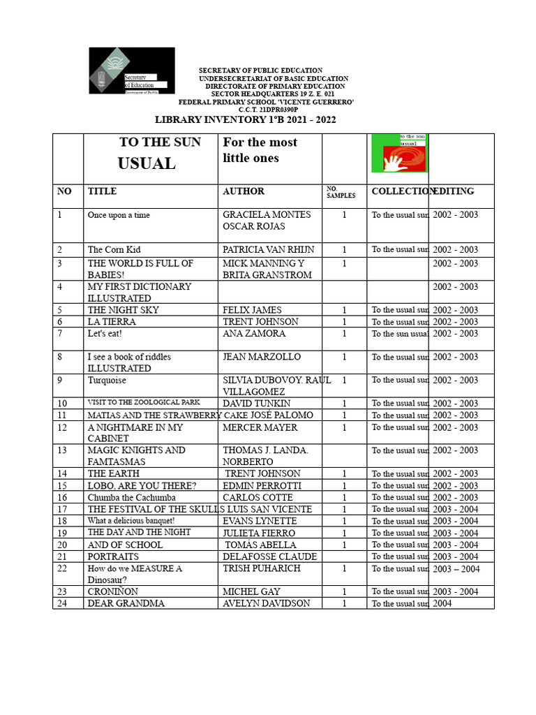 Primary School Library Inventory 2021-2022 | PDF