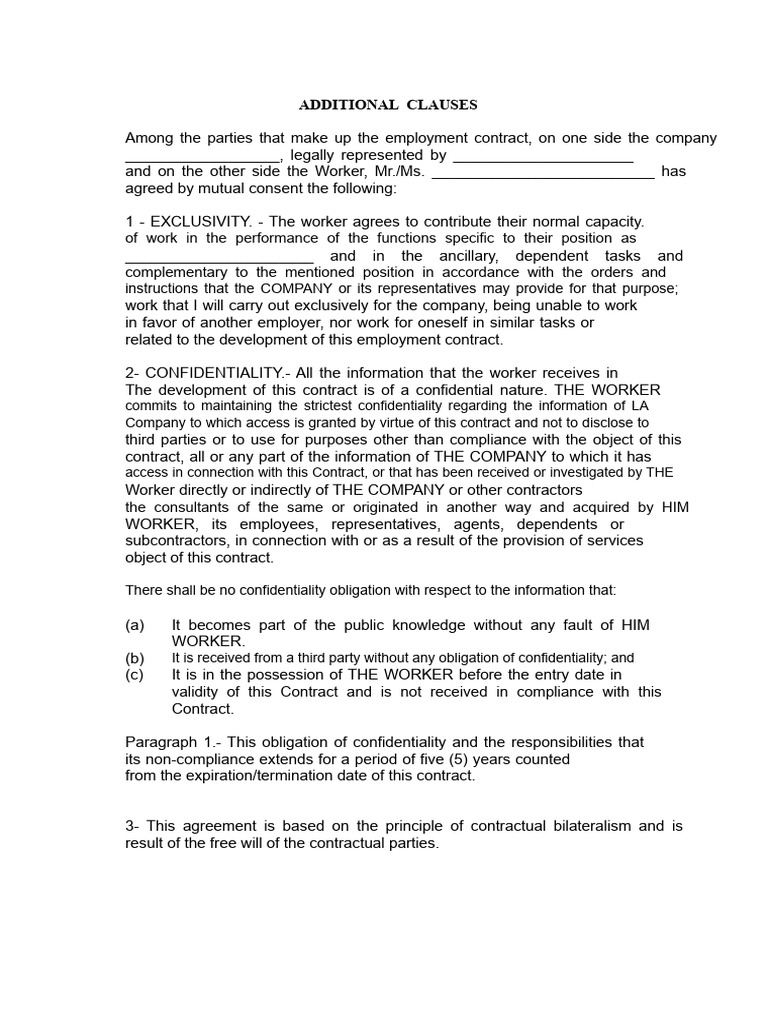 ADDITIONAL CLAUSE OF EXCLUSIVITY AND CONFIDENTIALITY | PDF | Employment ...