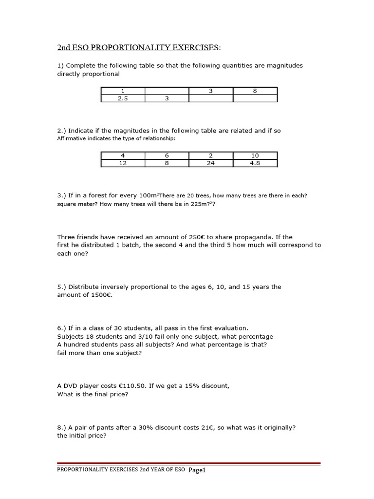 Proportionality Exercises for 2nd ESO | PDF | Percentage | Arithmetic