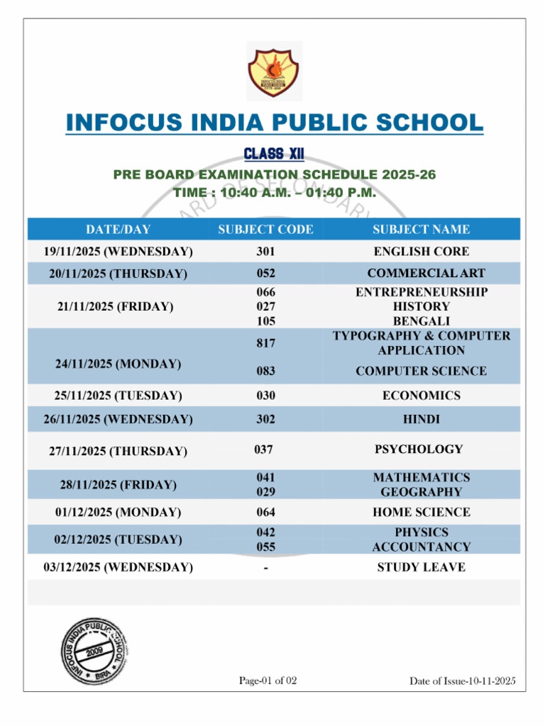 Pre Board Xii Exam Schedule 2025-26 | PDF