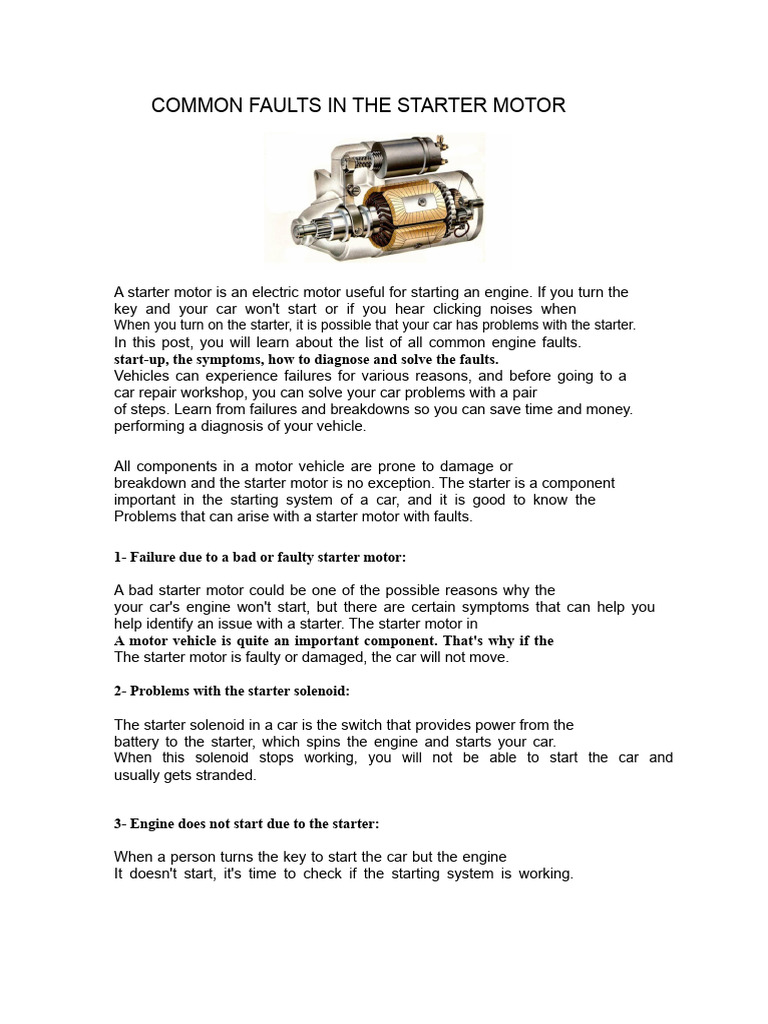 Common Starter Motor Issues Explained | PDF | Engines | Relay