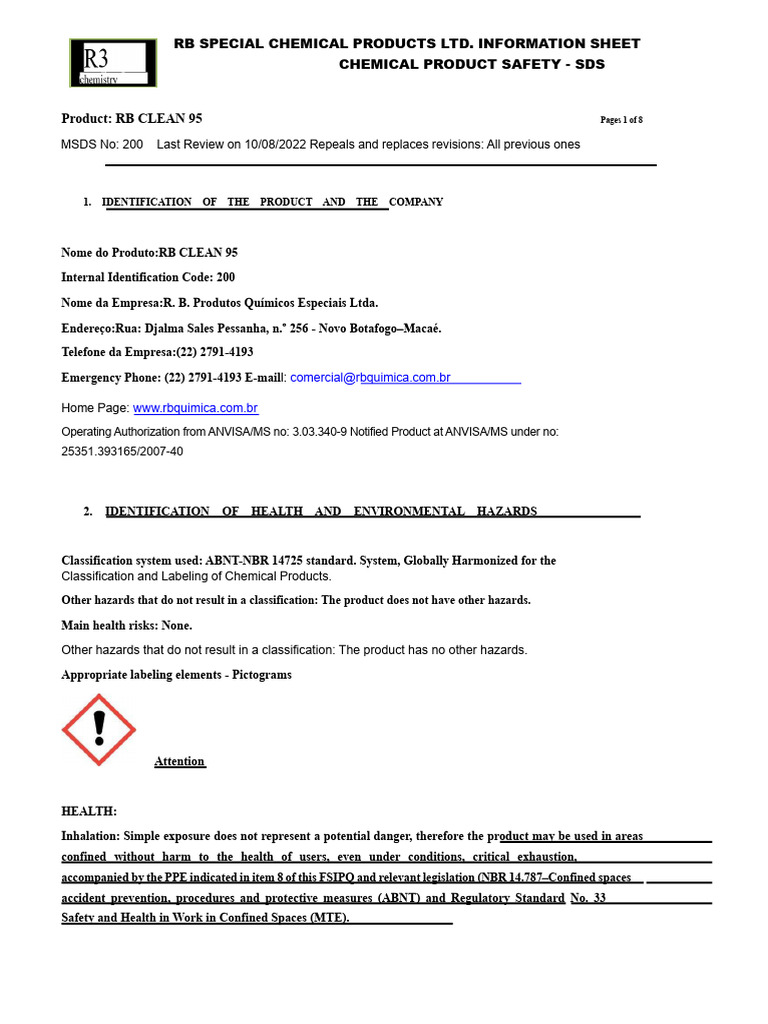 FISPQ Detergent RB Clean 95 | PDF | Personal Protective Equipment | Waste
