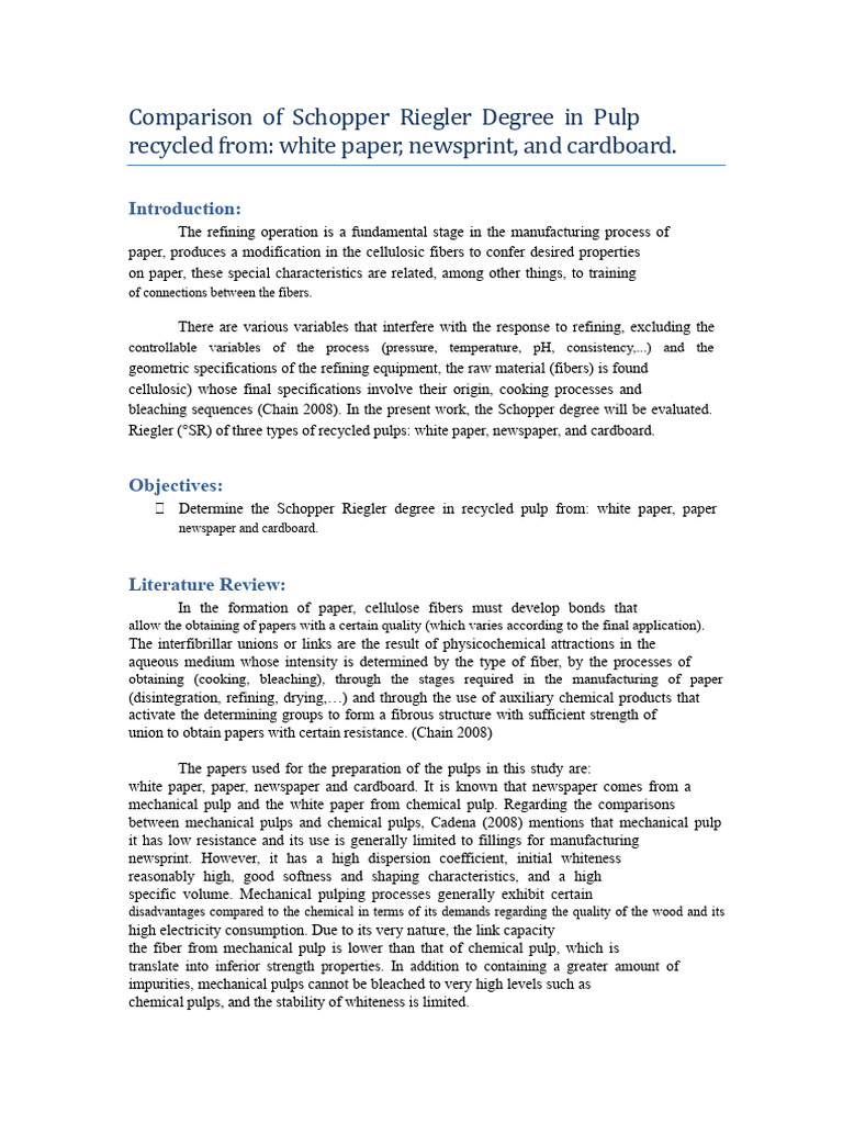 Schopper Riegler Degree in Recycled Pulp | PDF | Paper | Pulp (Paper)