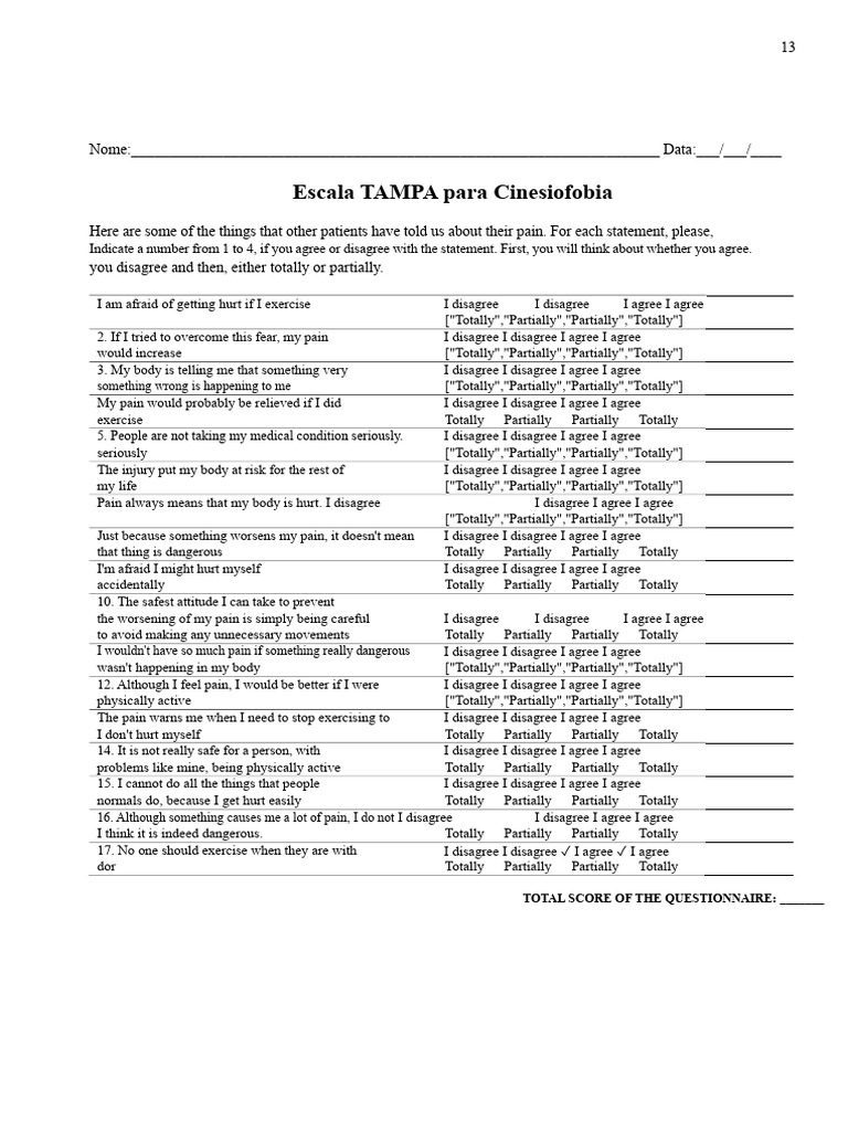 TAMPA Scale for Kinesiophobia Assessment | PDF | Pain | Medical Specialties