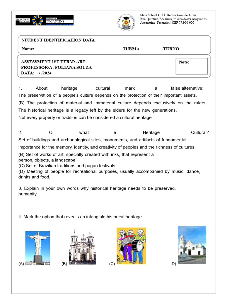 ART TEST - 1st YEAR | PDF | Cultural Heritage | Festival