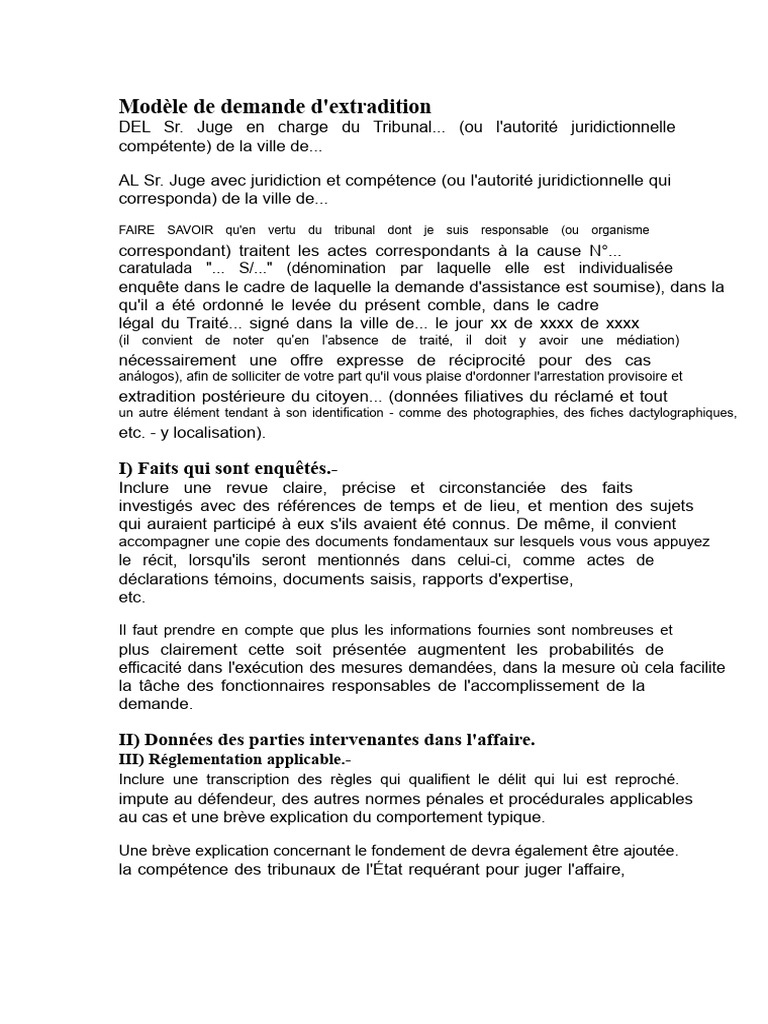 Modèle de demande d'extradition judiciaire | PDF | Traité | Compétence
