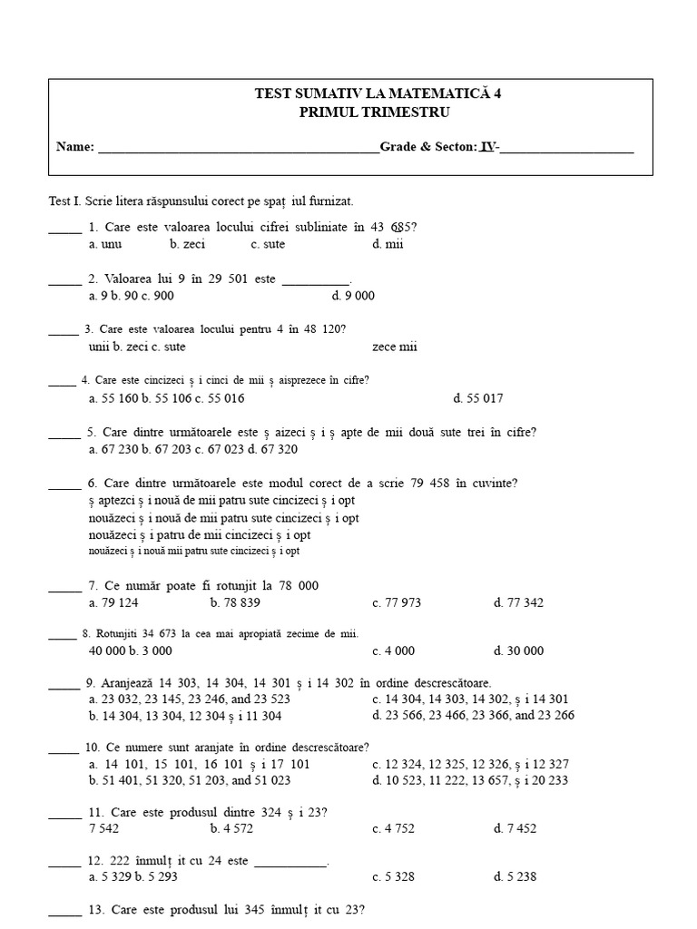 Test Sumativ MATEMATICA 4 - Q1 | PDF