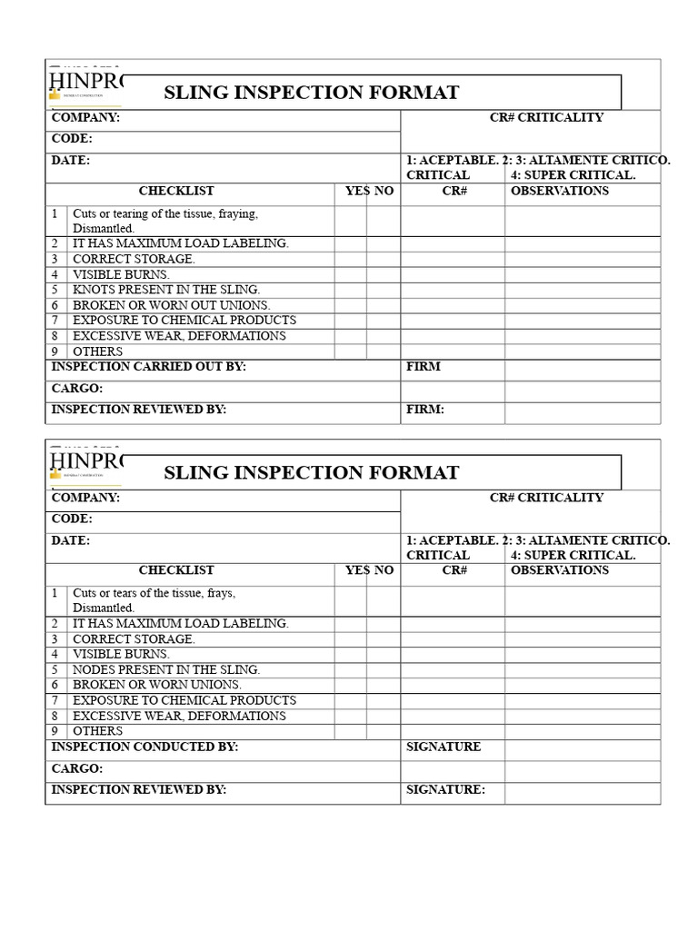 Sling and Shackle Inspection Checklist | PDF