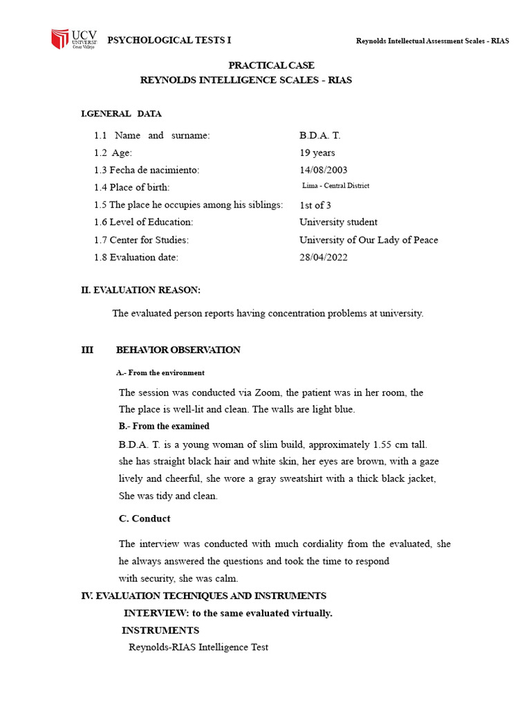 RIAS Psychological Evaluation Report | PDF | Psychological Testing ...