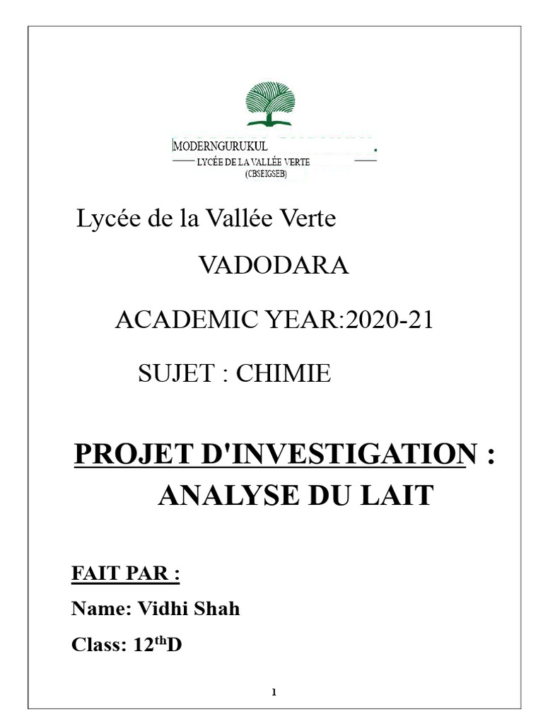 Analyse chimique du lait au lycée PDF Nutriments Lait — free download
